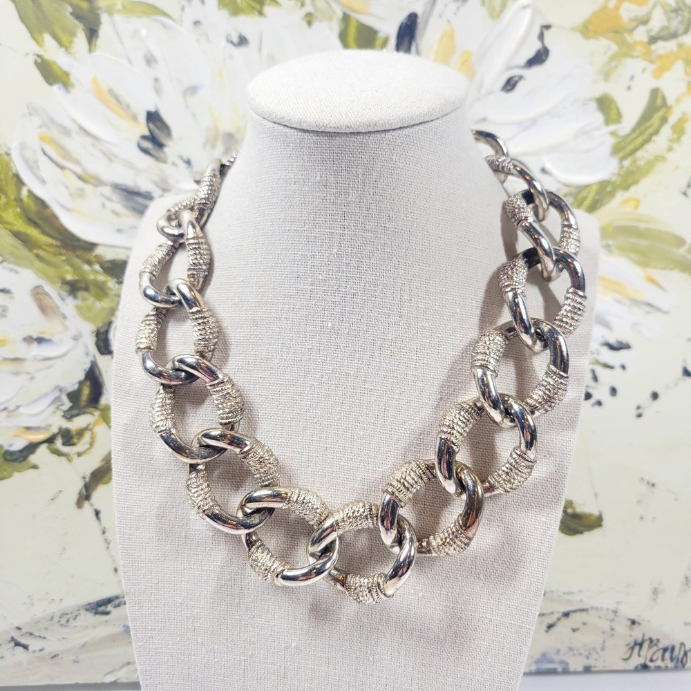 Retro Silver Tone Chunky Link Choker Necklace 90s Power Jewelry Textured